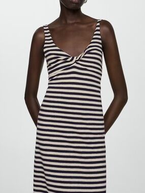 Mango Dark Navy & Cream Striped Midi Dress